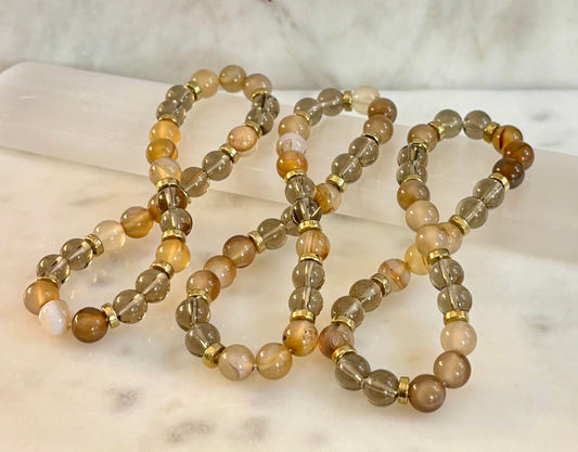 Bohemian "Overthinker's Elixir" Bracelet – Handcrafted Botswana Agate & Smoky Quartz for Grounding & Clarity
