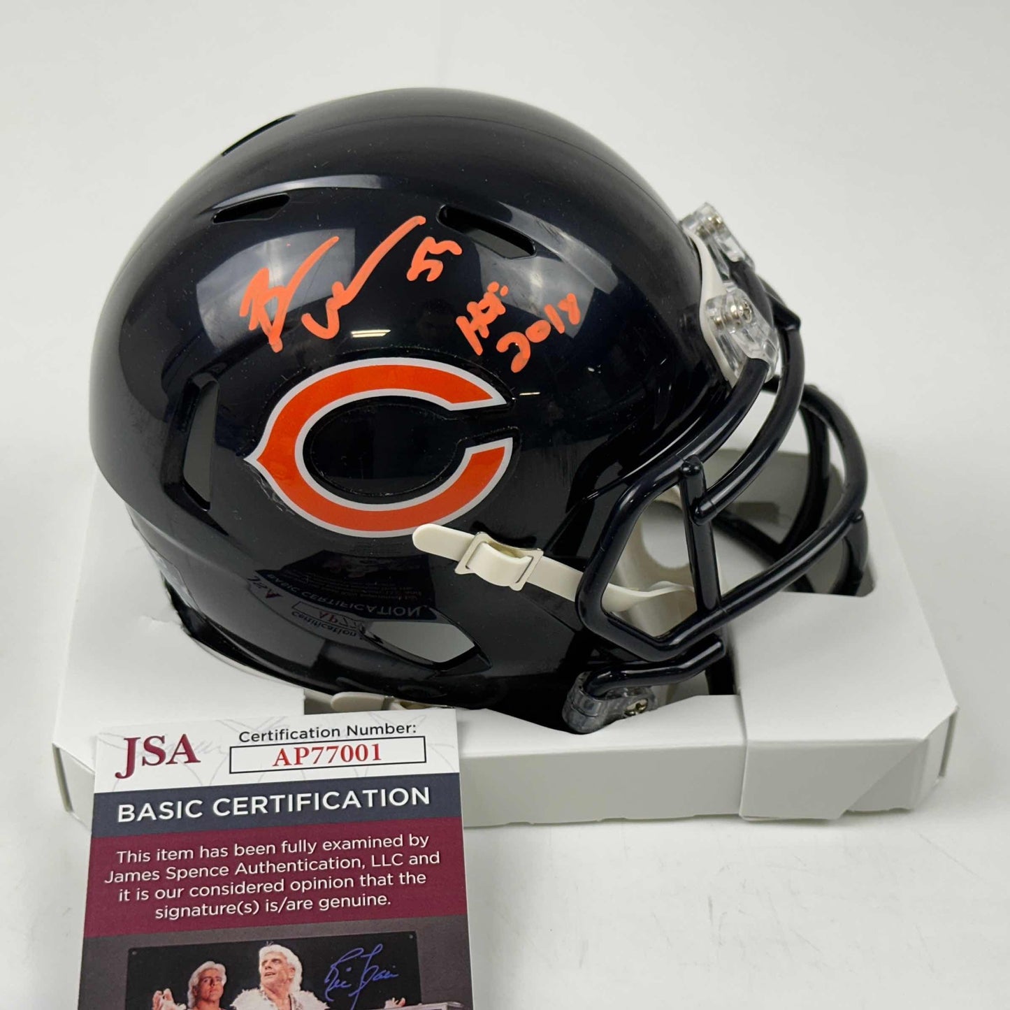 Autographed/Signed Brian Urlacher HOF 18 Chicago Bears Mini Football Helmet JSA COA