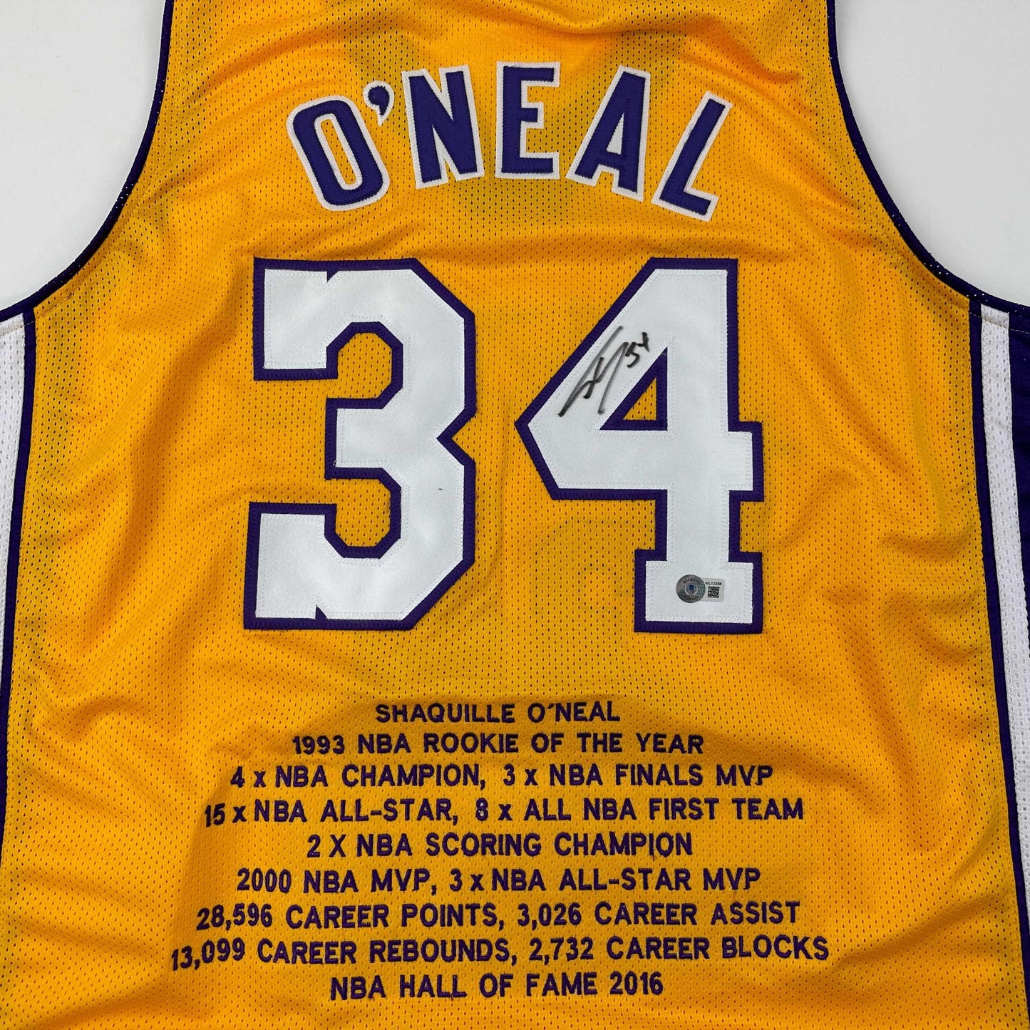 Autographed/Signed Shaquille Shaq O'Neal Los Angeles LA Yellow Stat Basketball Jersey Beckett BAS COA