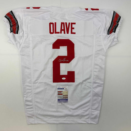 Autographed/Signed Chris Olave Ohio State White College Football Jersey JSA COA