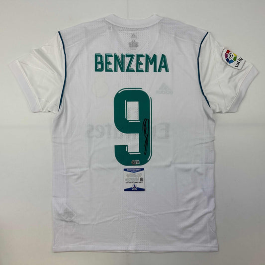 Autographed/Signed Karim Benzema Real Madrid 2017-18 White Soccer Jersey Beckett BAS COA