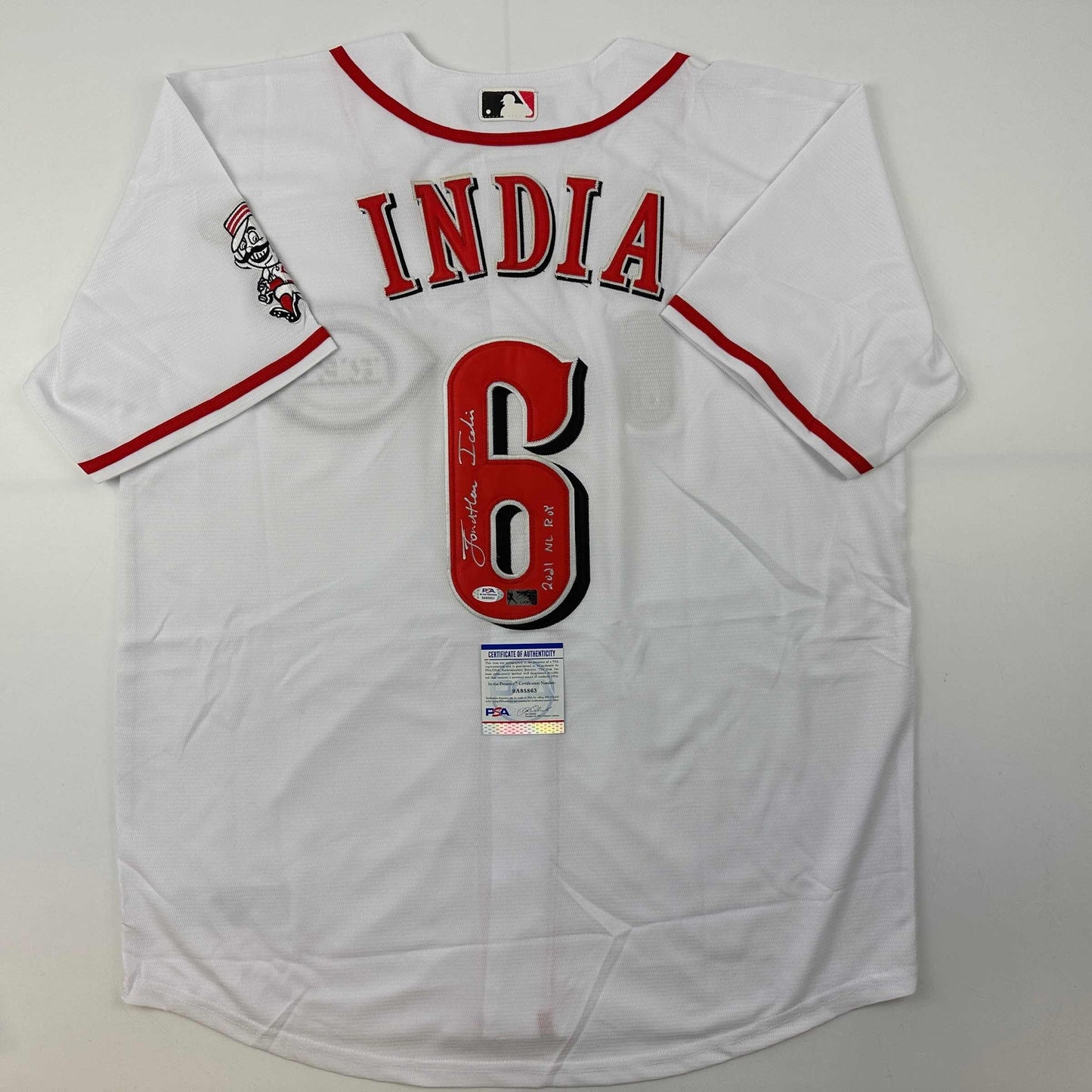 Autographed/Signed Jonathan India 2021 NL ROY Cincinnati White Baseball Jersey JSA COA