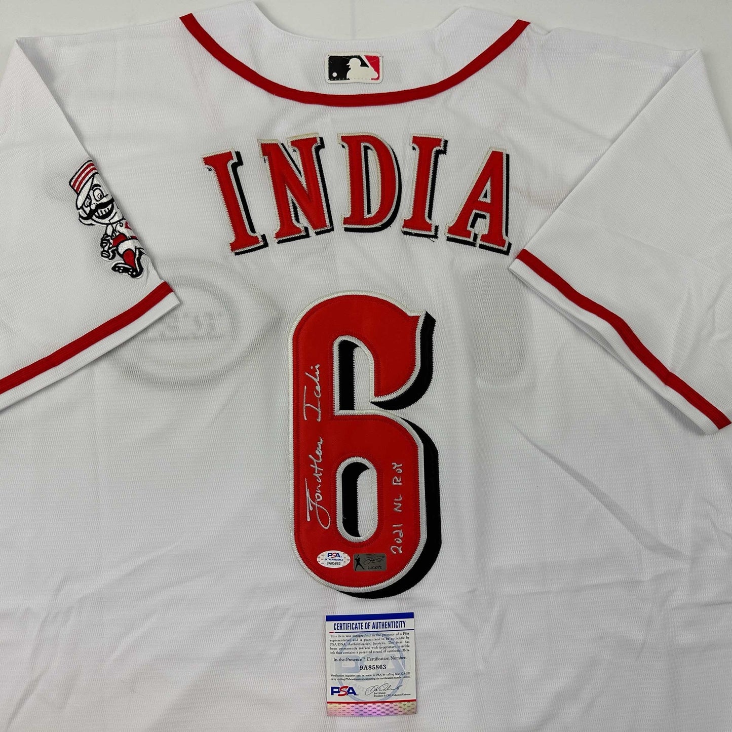 Autographed/Signed Jonathan India 2021 NL ROY Cincinnati White Baseball Jersey JSA COA