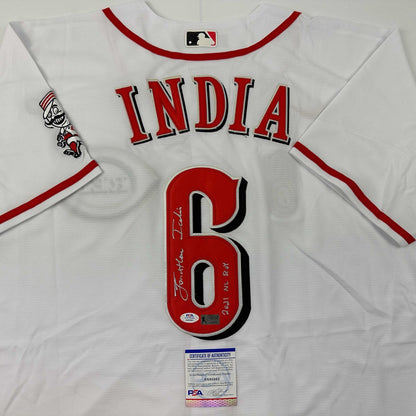 Autographed/Signed Jonathan India 2021 NL ROY Cincinnati White Baseball Jersey JSA COA