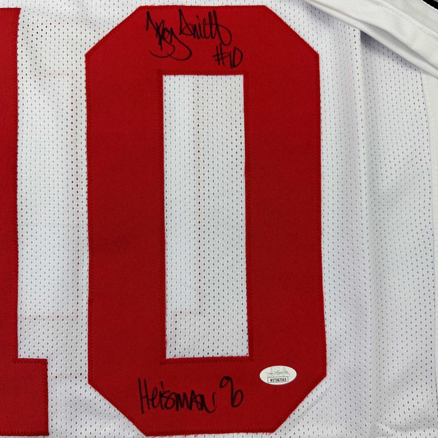 Autographed/Signed Troy Smith Heisman 06 Ohio State White College Football Jersey JSA COA