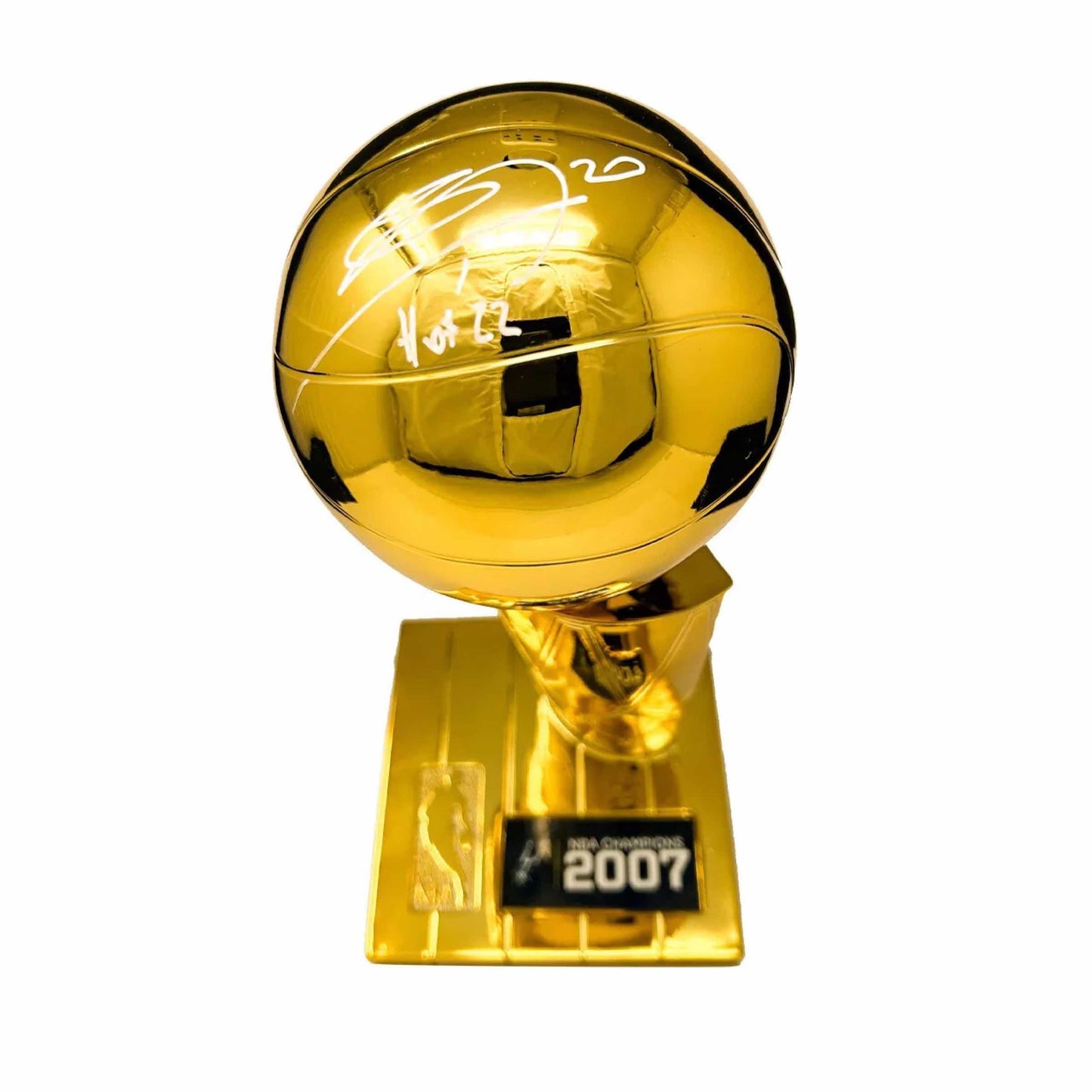 Autographed/Signed Manu Ginobili "HOF 22" San Antonio Spurs Replica 2007 NBA Finals Basketball Trophy Beckett BAS COA