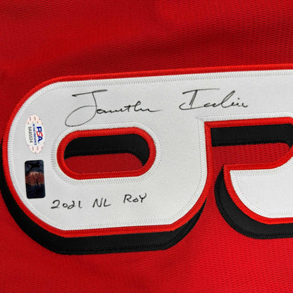 Autographed/Signed Jonathan India 2021 NL ROY Cincinnati Red Baseball Jersey JSA COA