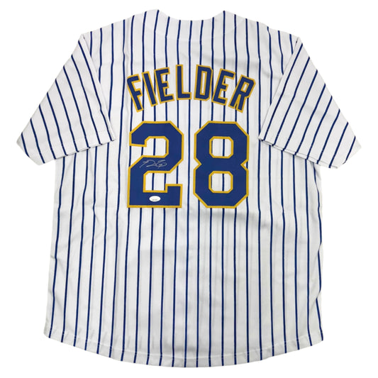 Autographed/Signed Prince Fielder Milwaukee White Pinstripe Baseball Jersey JSA COA