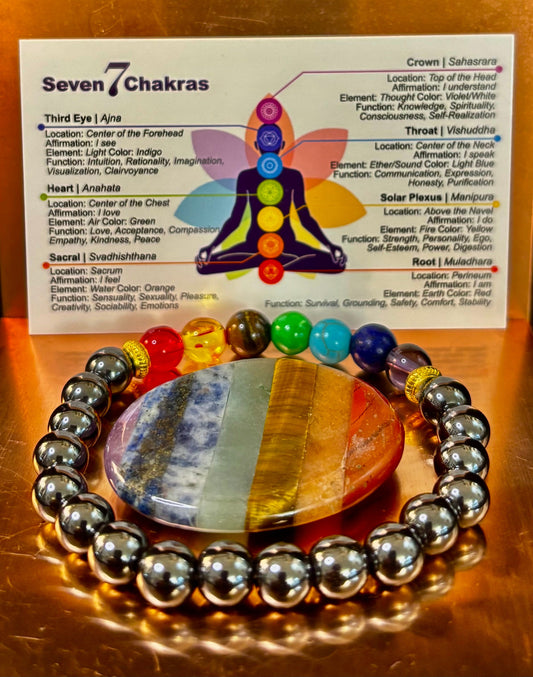 Chakra Healing Reiki-Infused Beaded Bracelet with Hematite for Full-Spectrum Balance, Grounding & Protection (Medium or Large Wrists)