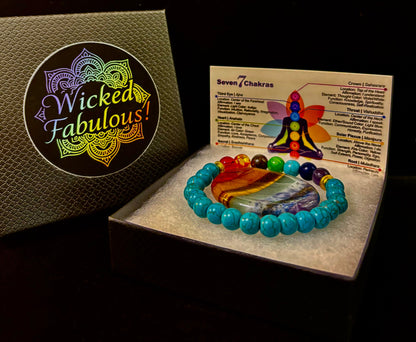 Chakra Healing Bracelet – Turquoise Howlite Energy Beads with Chakra Stones (Small to Medium Wrists)