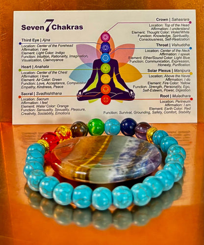 Chakra Healing Bracelet – Turquoise Howlite Energy Beads with Chakra Stones (Small to Medium Wrists)
