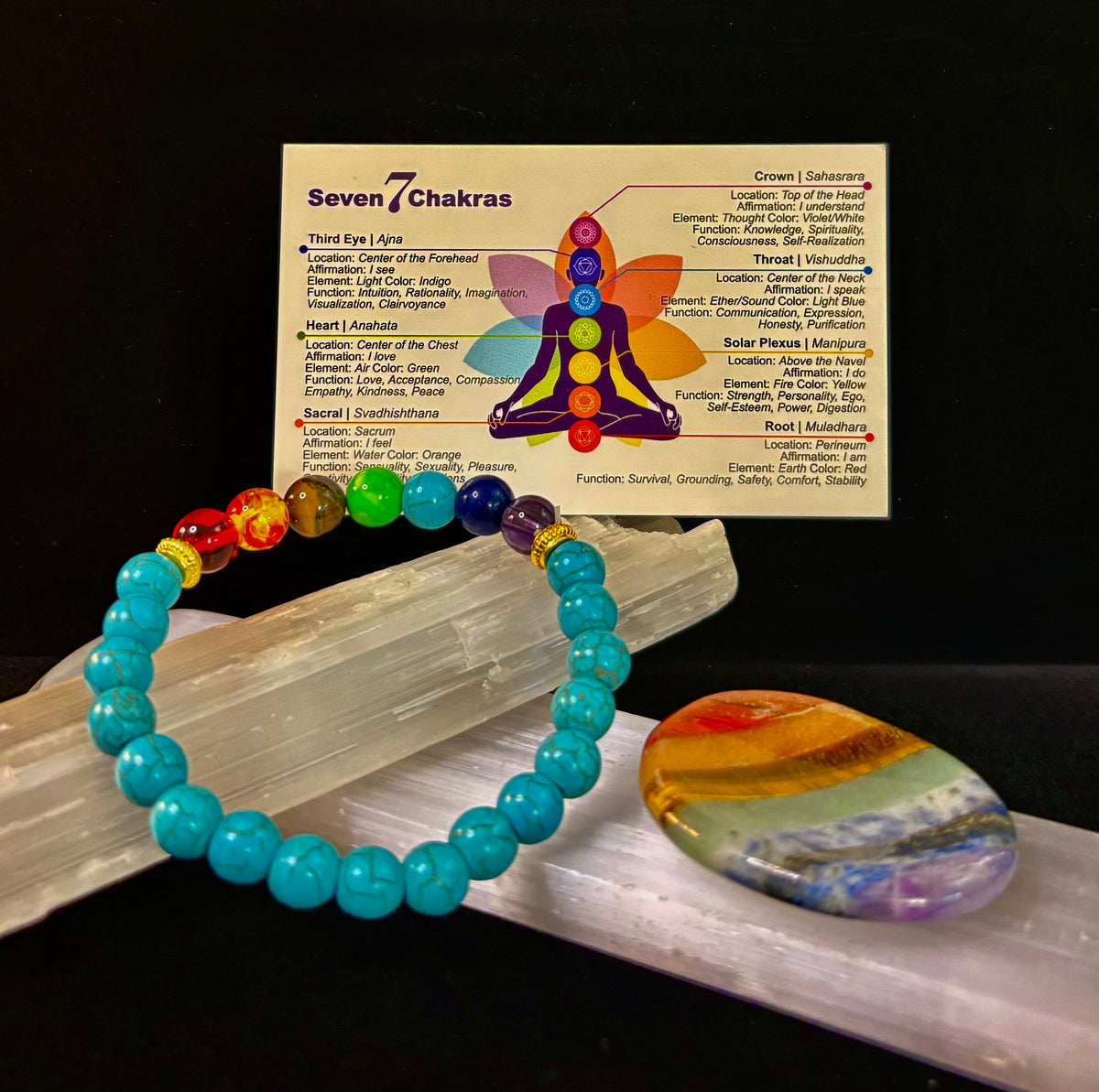 Chakra Healing Bracelet – Turquoise Howlite Energy Beads with Chakra Stones (Small to Medium Wrists)