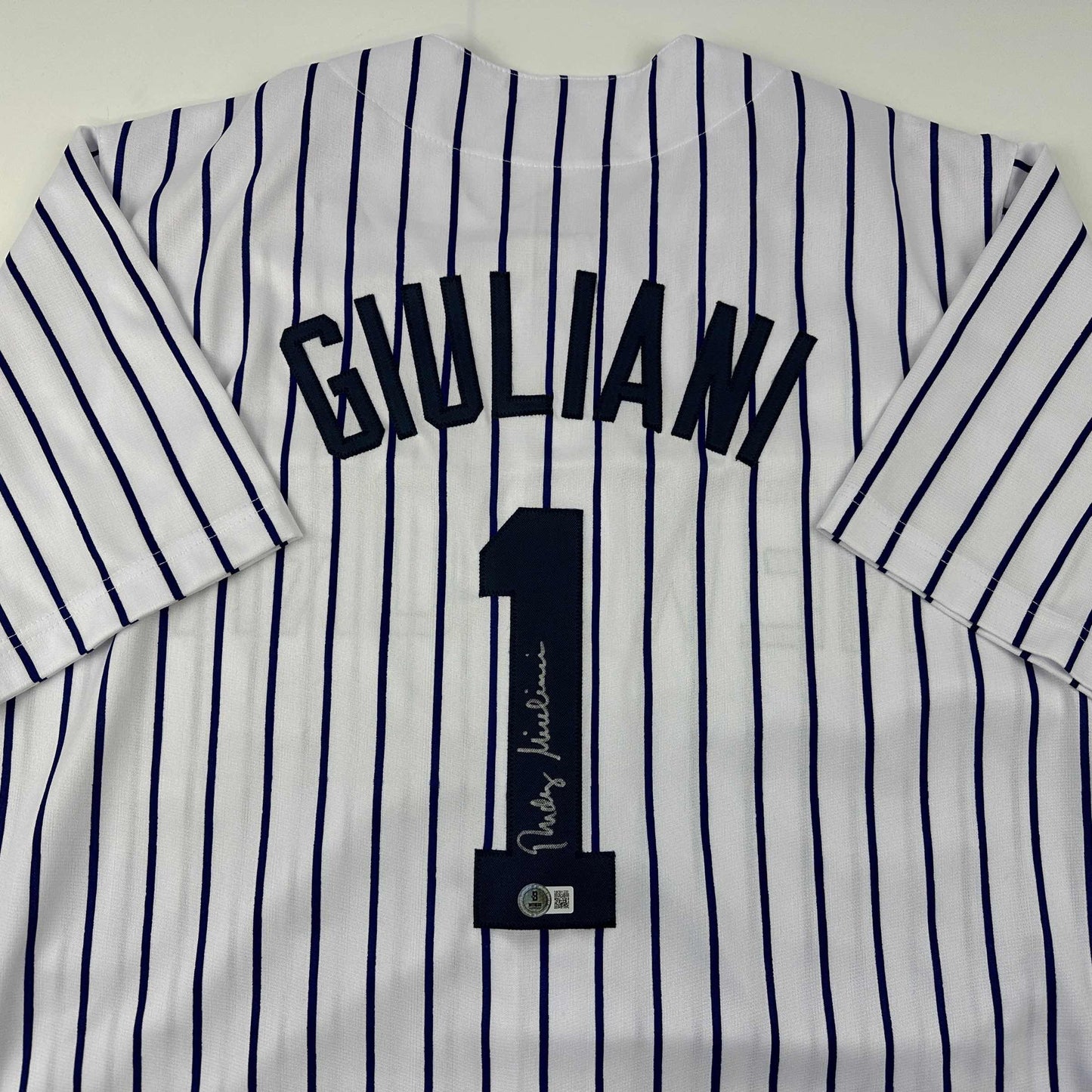 Autographed/Signed Rudy Giuliani New York Pinstripe Baseball Jersey Beckett BAS COA