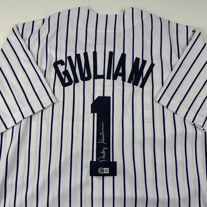 Autographed/Signed Rudy Giuliani New York Pinstripe Baseball Jersey Beckett BAS COA