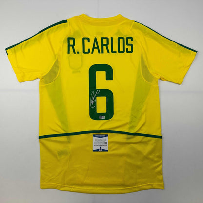 Autographed/Signed Roberto Carlos Brazil Yellow Soccer Jersey Beckett BAS COA