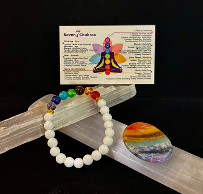 Chakra Energy Healing Bracelet – White Porcelain Beads – Medium Wrists