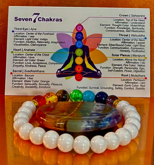 Chakra Energy Healing Bracelet – White Porcelain Beads – Medium Wrists