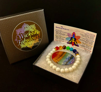 Chakra Energy Healing Bracelet – White Porcelain Beads – Medium Wrists
