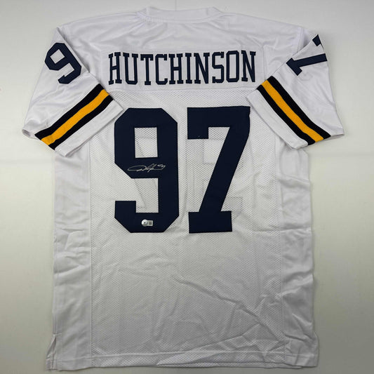 Autographed/Signed Aidan Hutchinson Michigan White College Football Jersey Beckett BAS COA