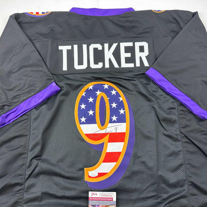 Autographed/Signed Justin Tucker Baltimore Black USA American Flag Football Jersey JSA COA