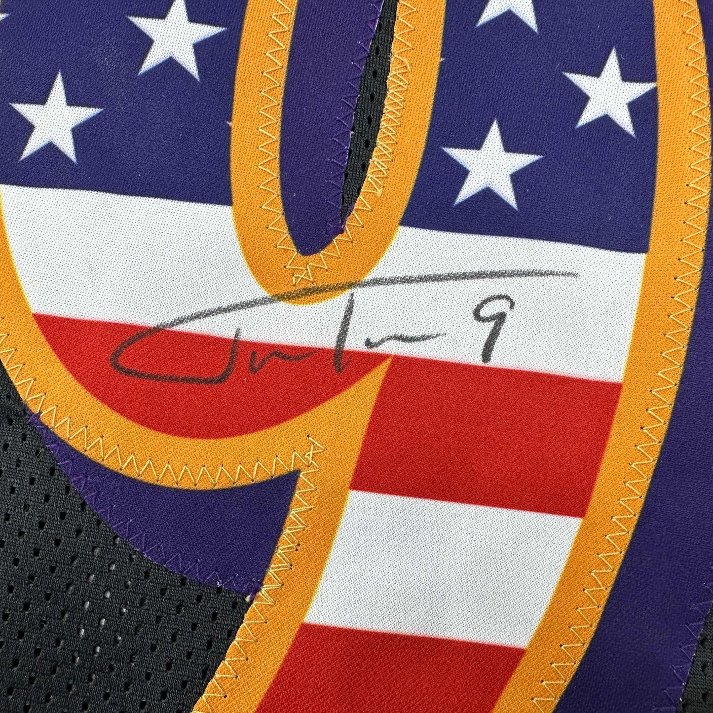 Autographed/Signed Justin Tucker Baltimore Black USA American Flag Football Jersey JSA COA