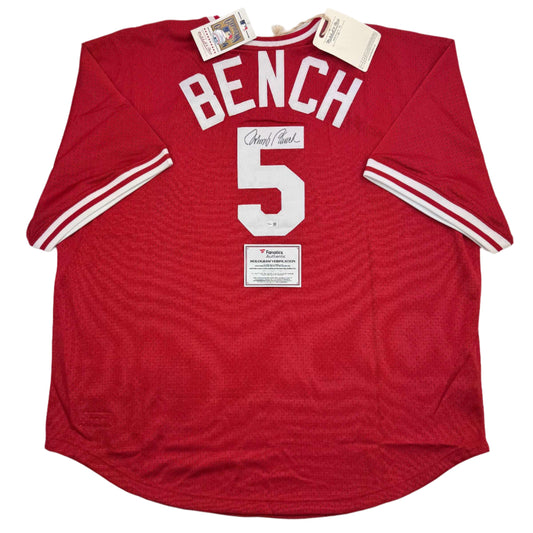 Autographed/Signed Johnny Bench Cincinnati Reds Mitchell & Ness Baseball Jersey Fanatics COA