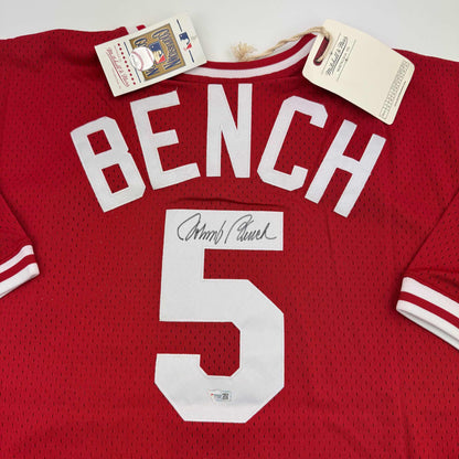 Autographed/Signed Johnny Bench Cincinnati Reds Mitchell & Ness Baseball Jersey Fanatics COA