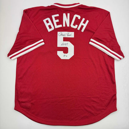 Autographed/Signed Johnny Bench HOF 89 Cincinnati Red Baseball Jersey Beckett BAS COA