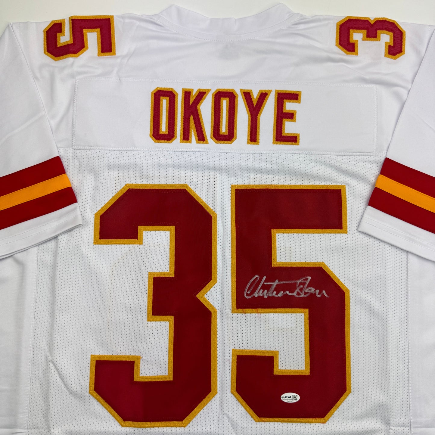 Autographed/Signed Christian Okoye Kansas City White Football Jersey JSA COA
