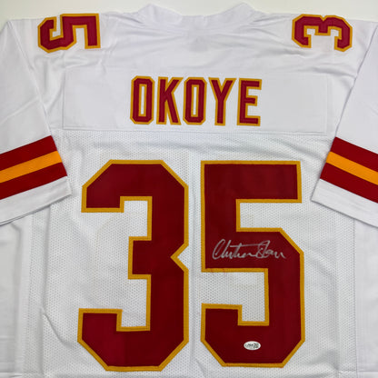 Autographed/Signed Christian Okoye Kansas City White Football Jersey JSA COA