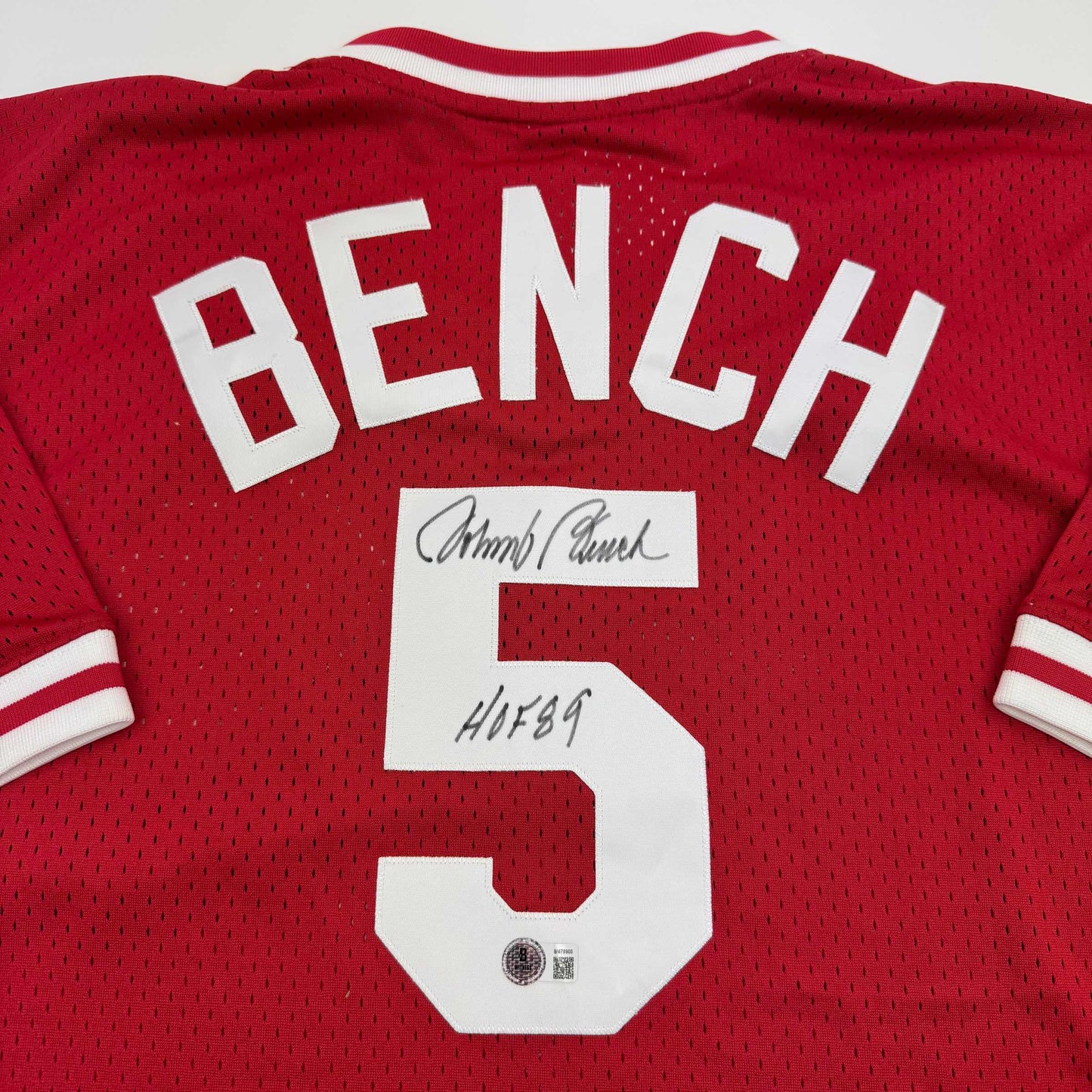 Autographed/Signed Johnny Bench HOF 89 Cincinnati Red Baseball Jersey Beckett BAS COA