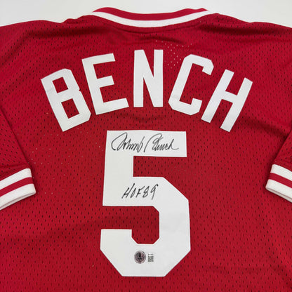 Autographed/Signed Johnny Bench HOF 89 Cincinnati Red Baseball Jersey Beckett BAS COA