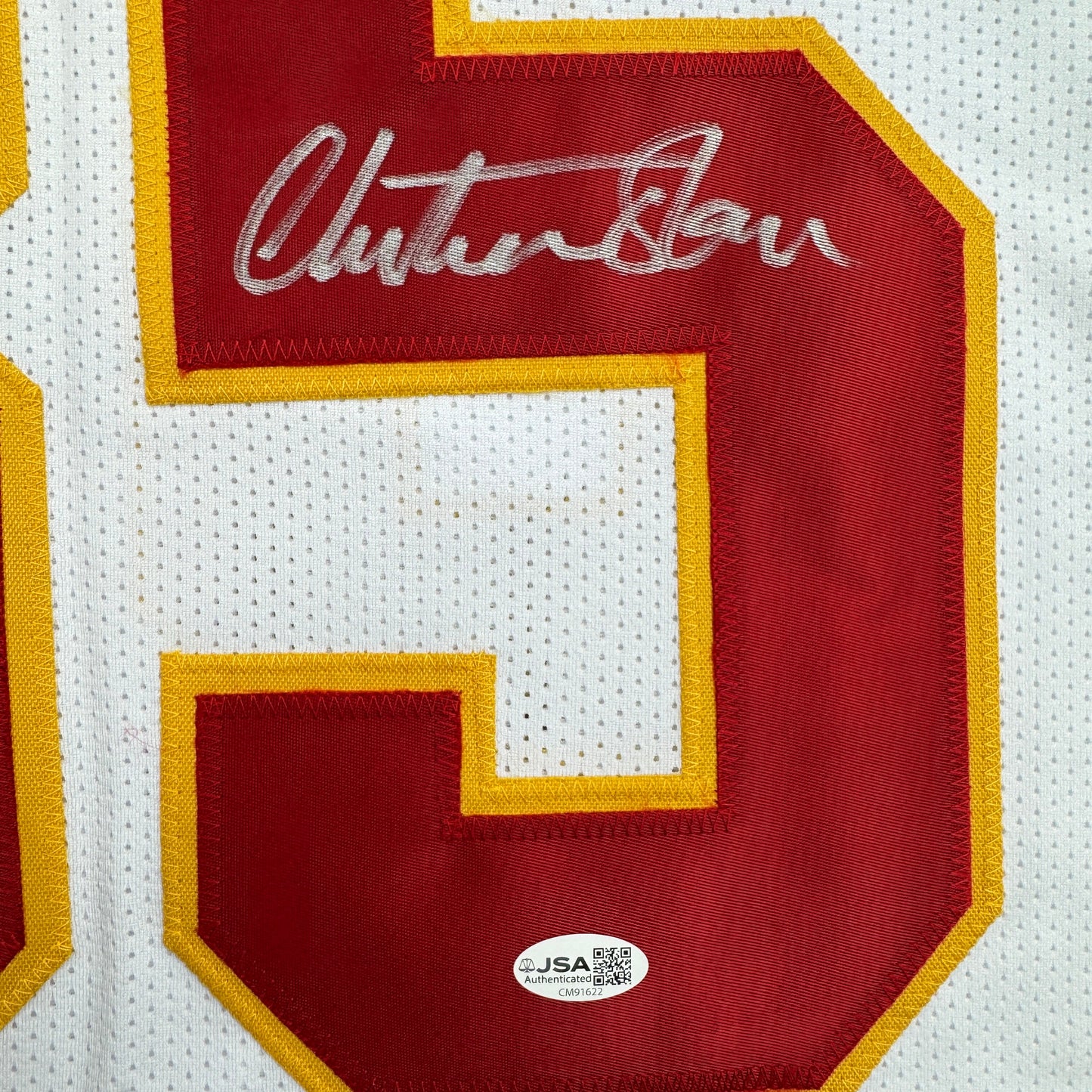 Autographed/Signed Christian Okoye Kansas City White Football Jersey JSA COA