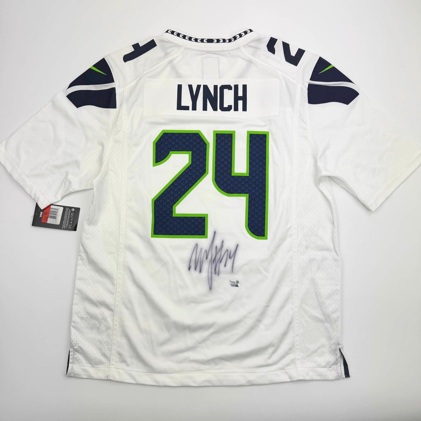 Autographed/Signed Marshawn Lynch Seattle Seahawks White Football Jersey Fanatics COA