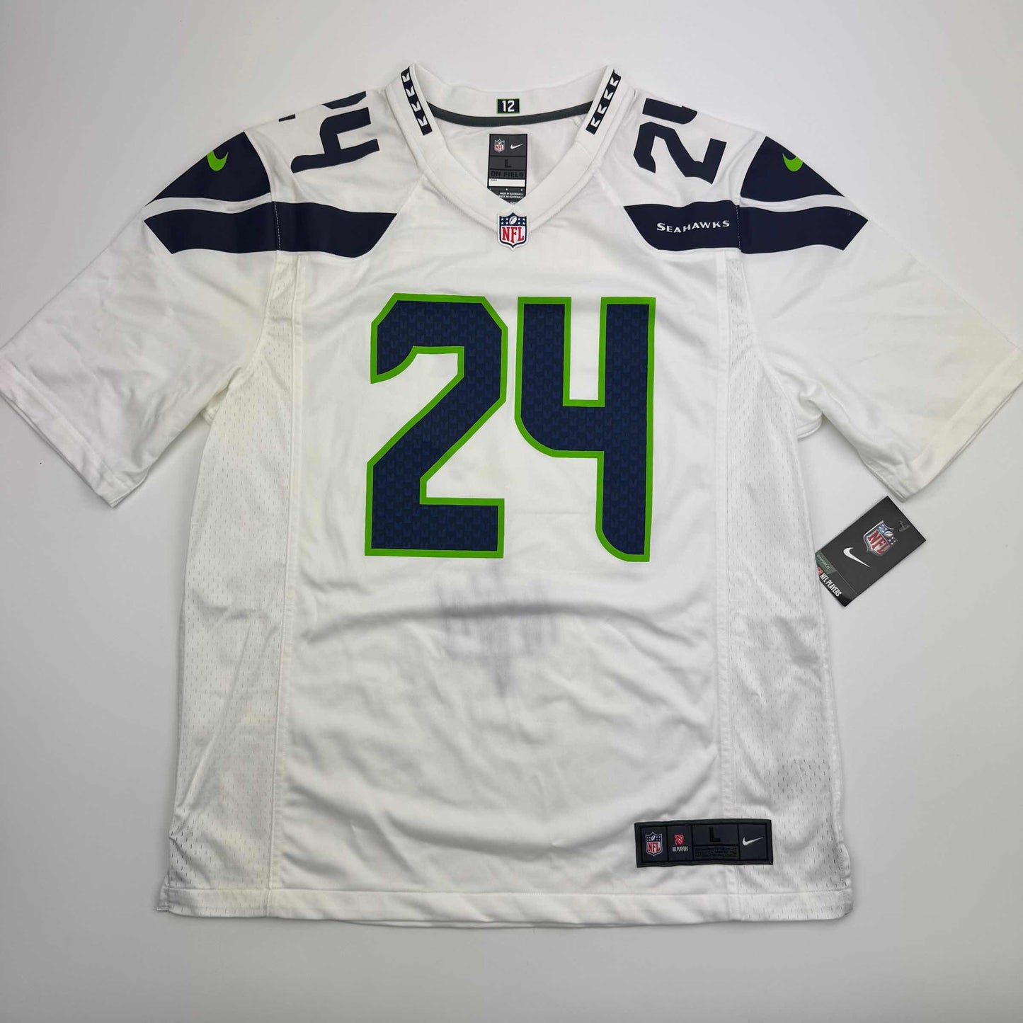 Autographed/Signed Marshawn Lynch Seattle Seahawks White Football Jersey Fanatics COA
