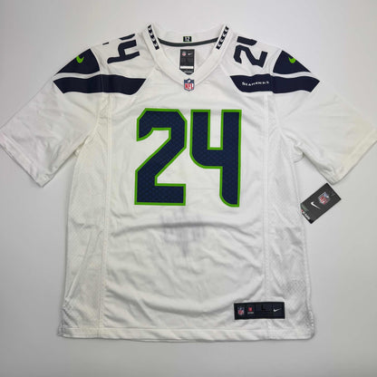 Autographed/Signed Marshawn Lynch Seattle Seahawks White Football Jersey Fanatics COA