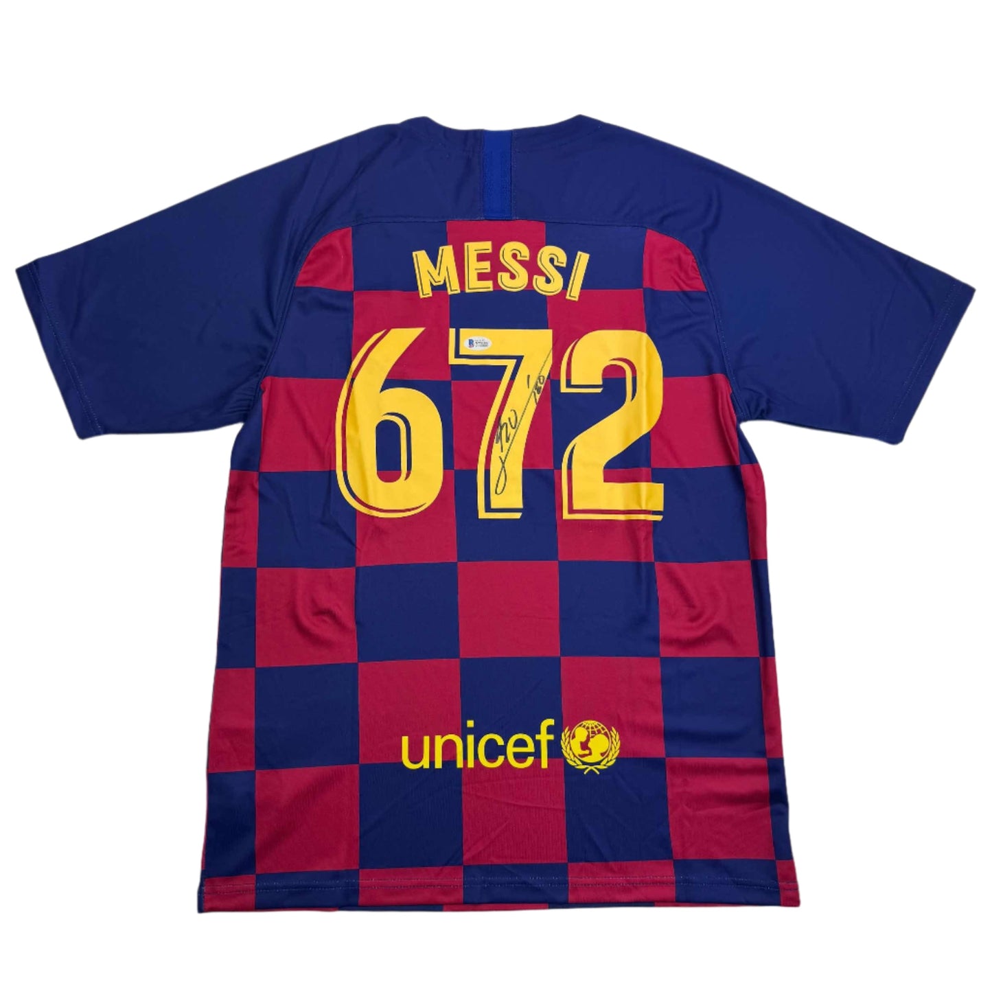 Autographed/Signed Lionel Leo Messi FC Barcelona 672 Goals Soccer Jersey Beckett BAS COA
