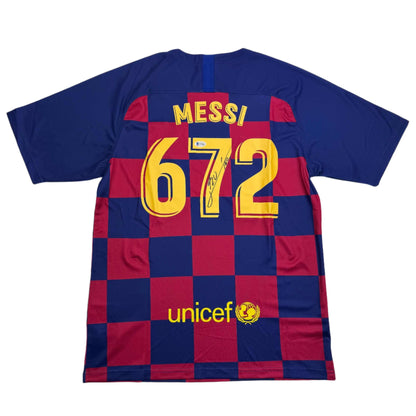 Autographed/Signed Lionel Leo Messi FC Barcelona 672 Goals Soccer Jersey Beckett BAS COA