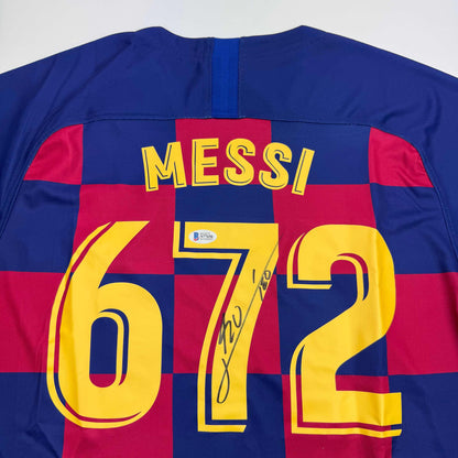 Autographed/Signed Lionel Leo Messi FC Barcelona 672 Goals Soccer Jersey Beckett BAS COA