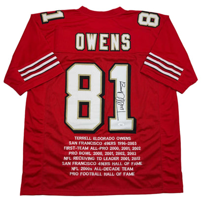 Autographed/Signed Terrell Owens San Francisco Red Stat Football Jersey JSA COA