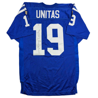 Autographed/Signed Johnny Unitas Indianapolis Blue Football Jersey PSA COA