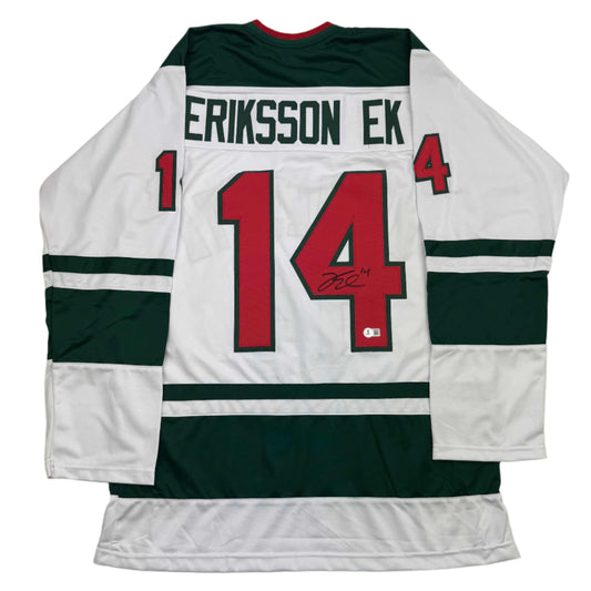 Autographed/Signed Joel Eriksson Ek Minnesota White Hockey Jersey Beckett BAS COA