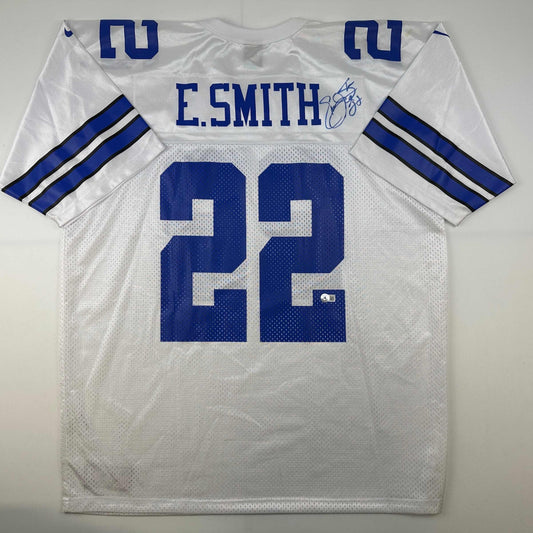 Autographed/Signed Emmitt Smith Dallas White Football Jersey Beckett BAS COA