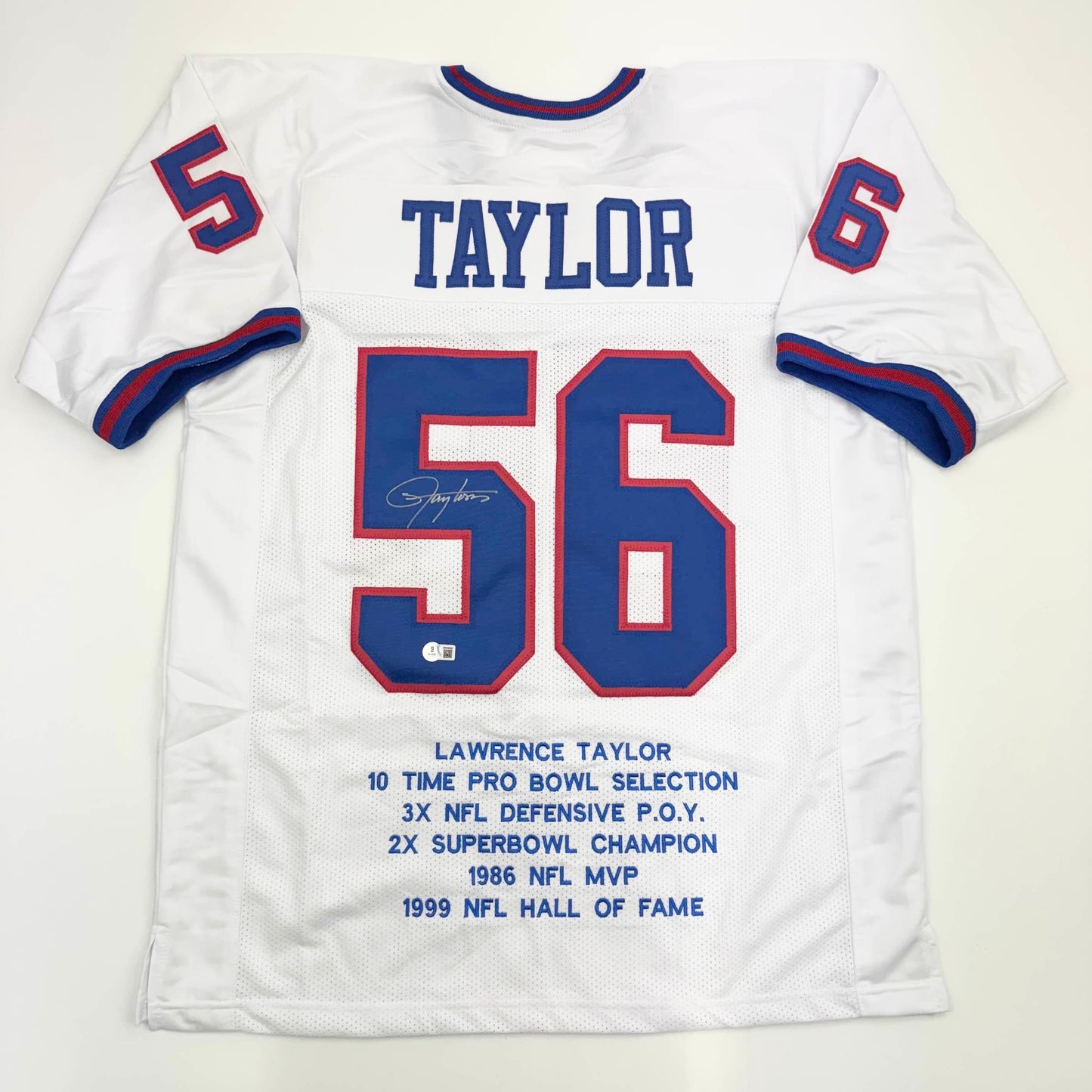 Autographed/Signed Lawrence Taylor New York White Stat Football Jersey Beckett BAS COA