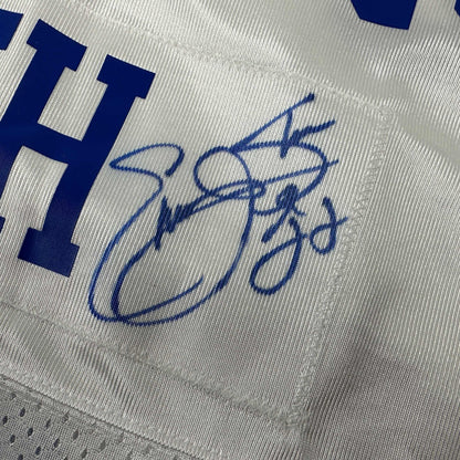 Autographed/Signed Emmitt Smith Dallas White Football Jersey Beckett BAS COA