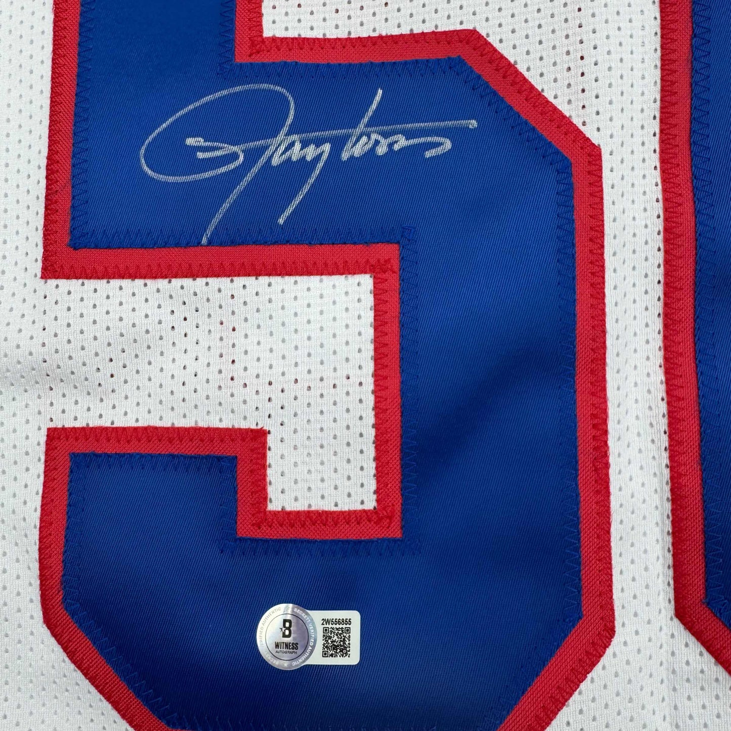 Autographed/Signed Lawrence Taylor New York White Stat Football Jersey Beckett BAS COA