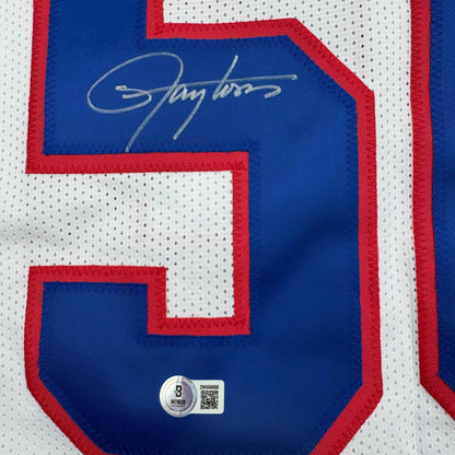 Autographed/Signed Lawrence Taylor New York White Stat Football Jersey Beckett BAS COA