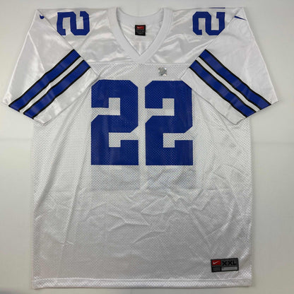 Autographed/Signed Emmitt Smith Dallas White Football Jersey Beckett BAS COA
