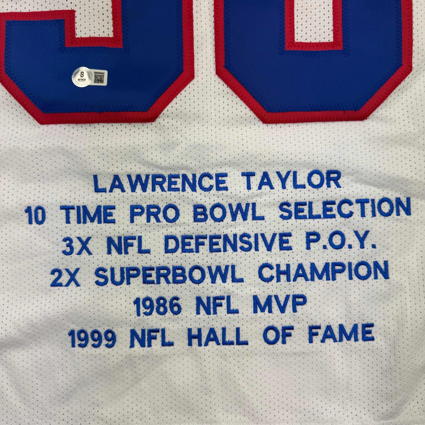Autographed/Signed Lawrence Taylor New York White Stat Football Jersey Beckett BAS COA
