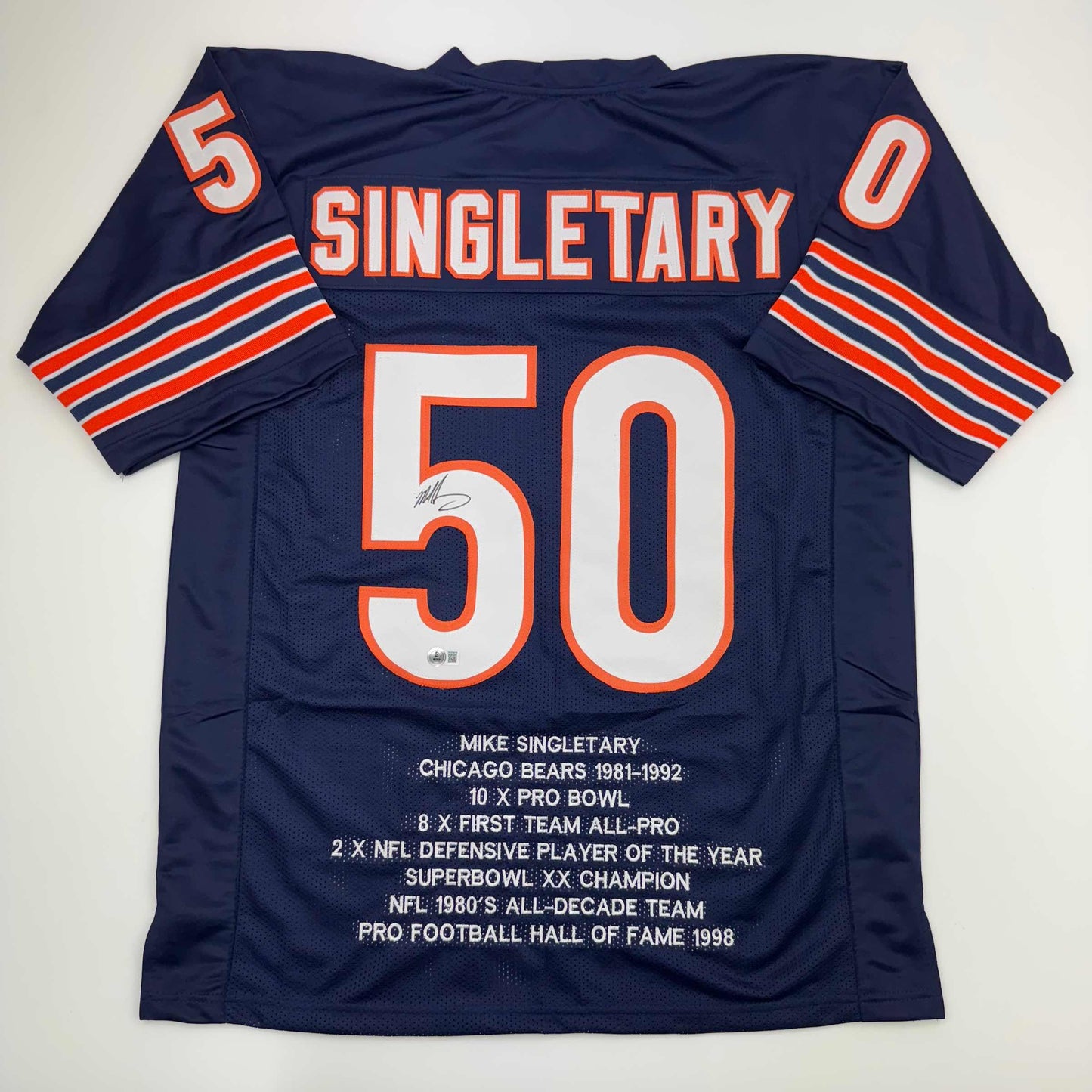 Autographed/Signed Mike Singletary Chicago Blue Stat Football Jersey Beckett BAS COA